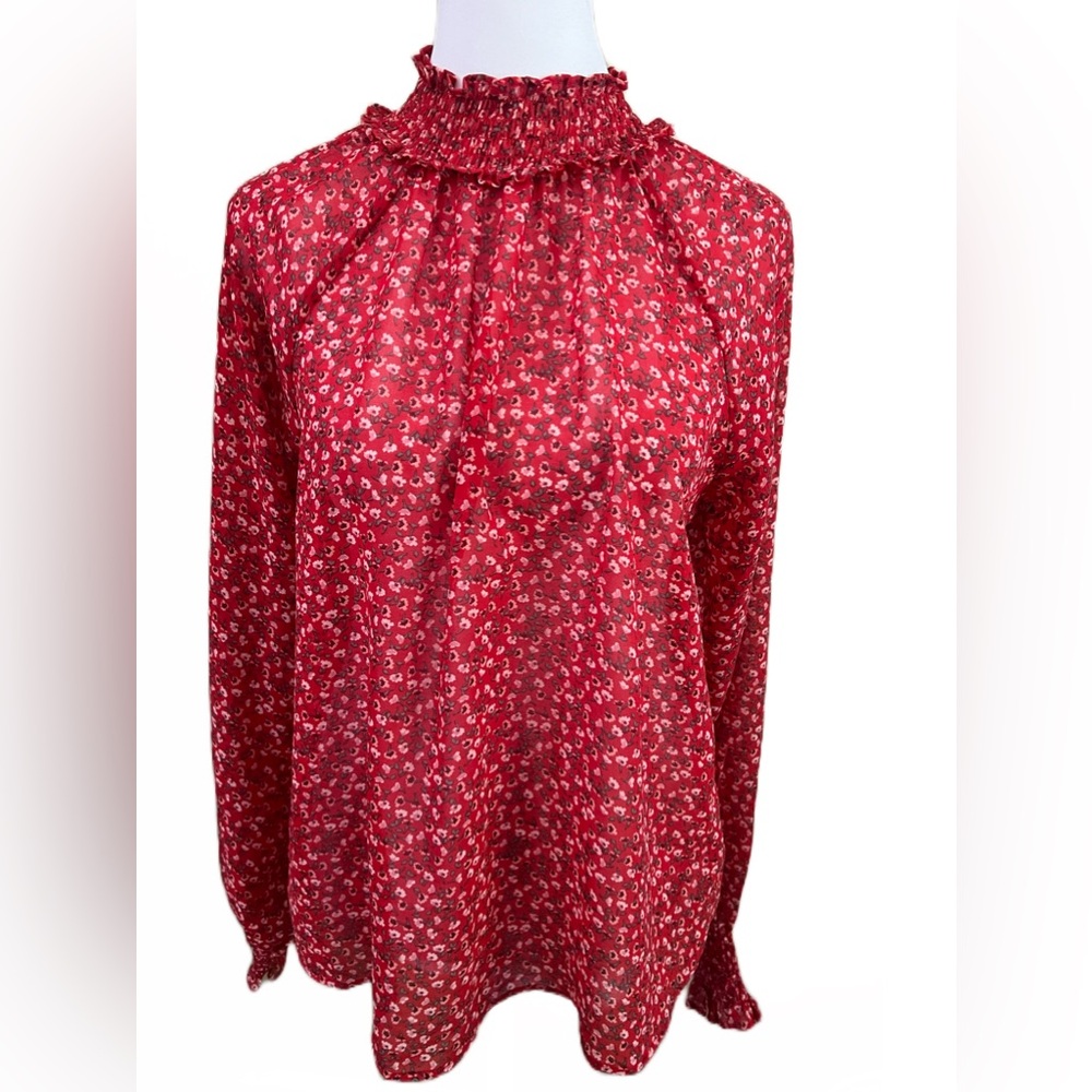 GAP Red & White Dainty Floral Chiffon Long Sleeve Mock Neck Ruffle Blouse XS